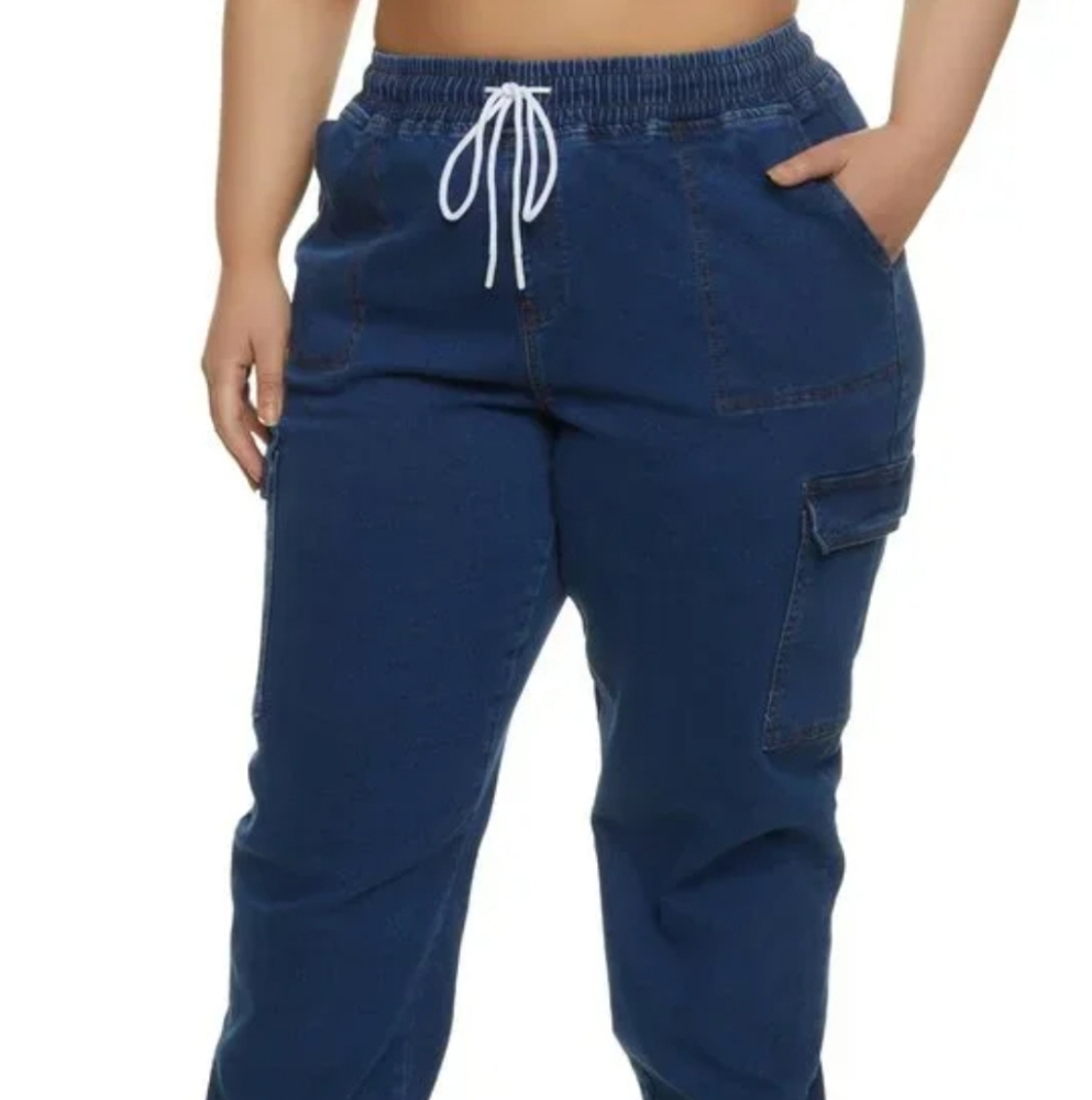 JOGGERS. Wax Jean Blue Cargo Pants Elastic Cuffs‎ Drawstring Waist. Sz.S. NEW